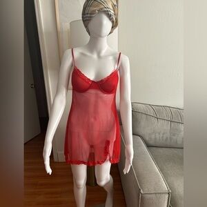 Victorias Secret Red Y2K Babydoll Goth Sheer Lace 90’s  Slip Dress Size 36C